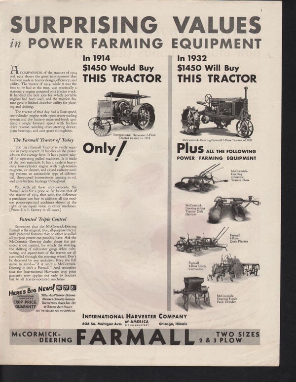 1932 INTERNATION HARVESTER MCCORMICK DEERING CHICAGO FARMALL TRACTOR AD 10351