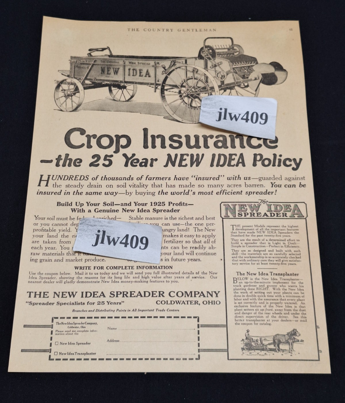 1925 NEW IDEA Original Print Ad Magazine Ad crop insurance 10″x13″