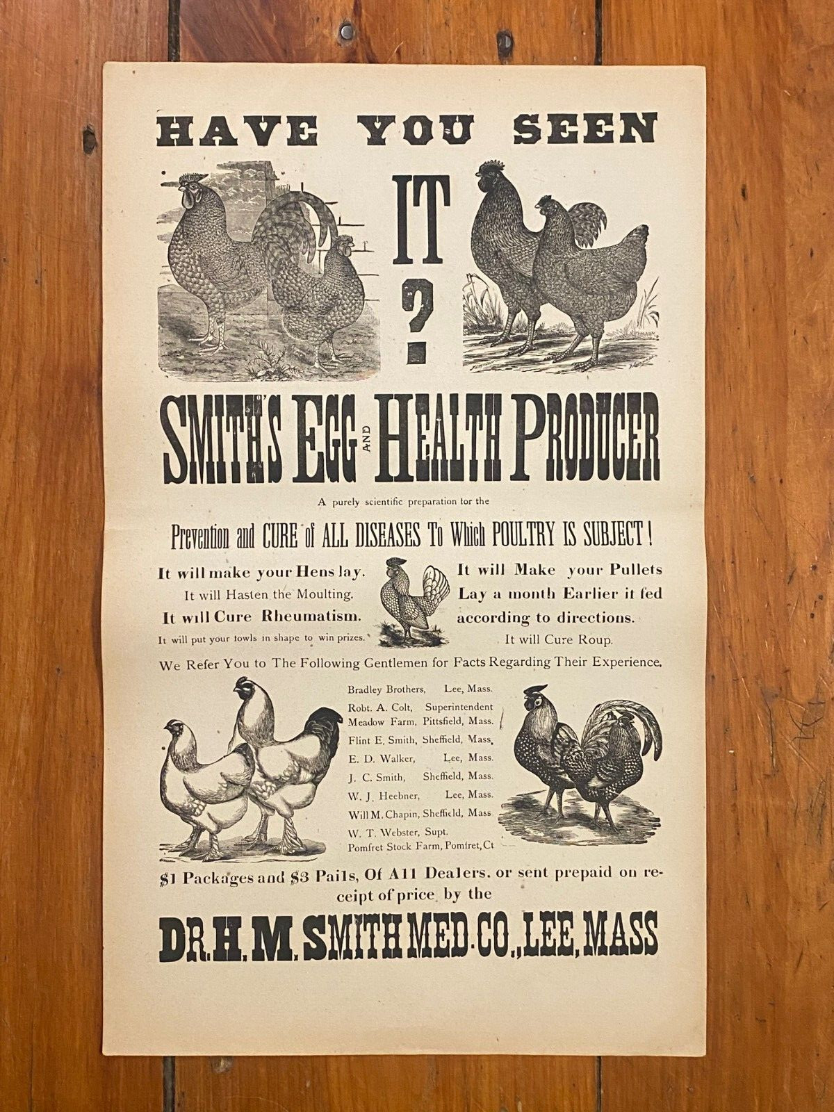 Antique 1900’s Dr.Smith’s Egg & Chicken Broadside Poster Sign, Lee, MASS Kitchen