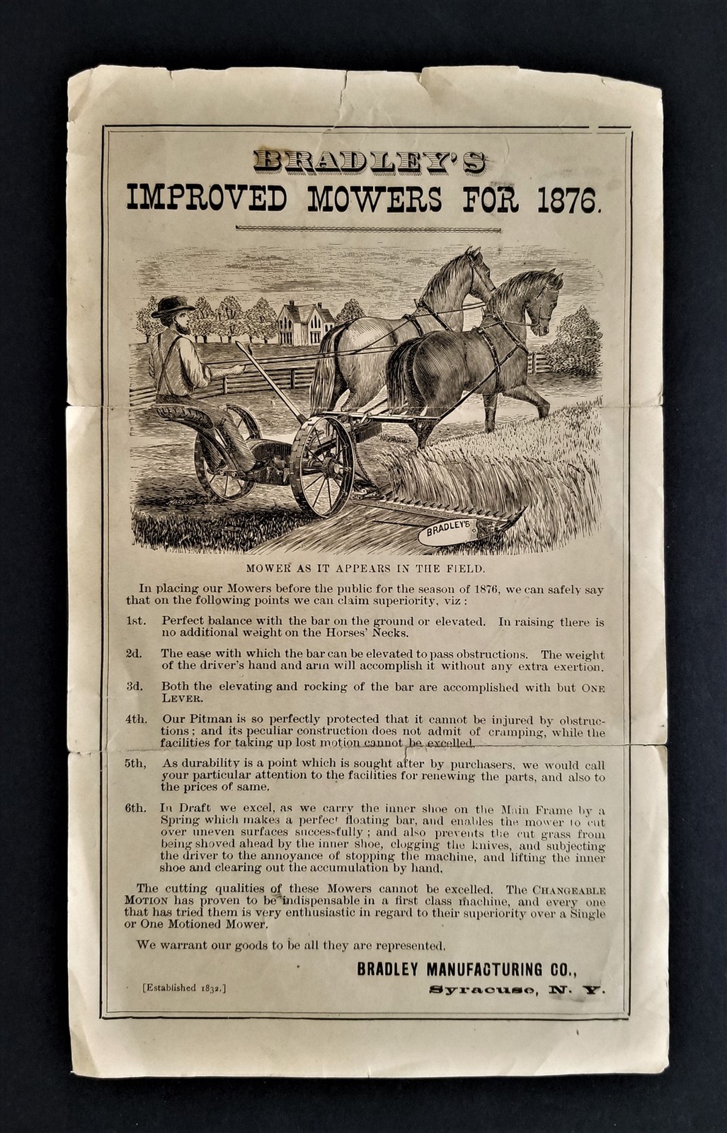 1876 antique BRADLEYS IMPROVED MOWERS BROADSIDE agriculture ad syracuse ny