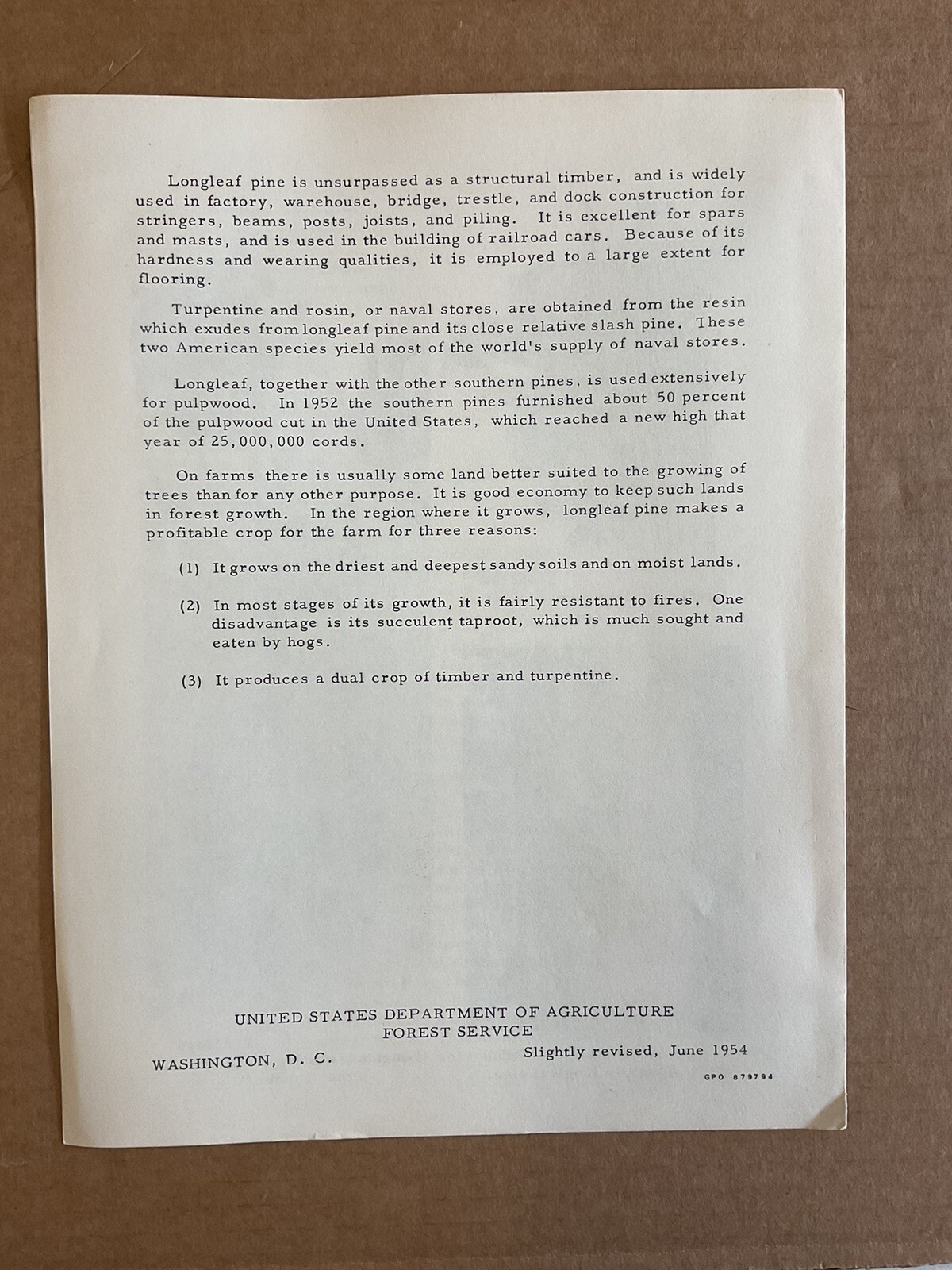 USA DEPT OF AGRICULTURE USEFUL TREES Long LEAF PINE Information Brochure B10