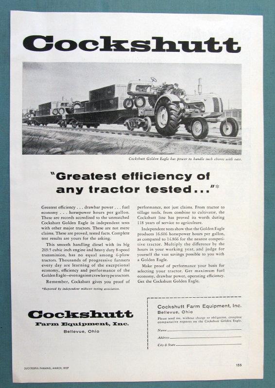 Oiginal 1957 Cockshutt Golden Eagle Tractor Ad GREATEST EFFICIENCY OF ANY TESTED