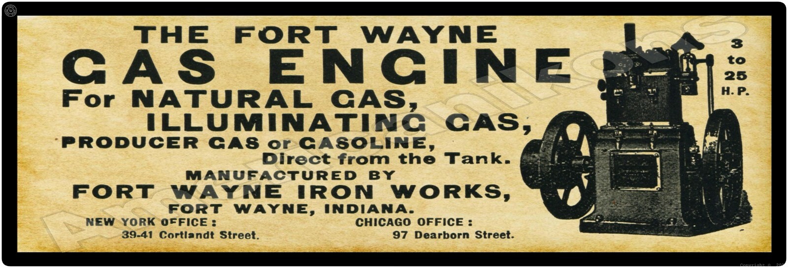 1895 Fort Wayne Gas Engines New Metal Sign, 16″ x 48″ USA STEEL XL Size – 8#