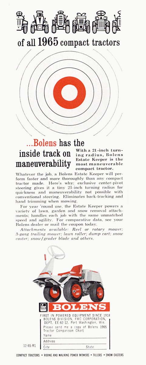 1965 Bolens Compact Tractor: Inside Track On Maneuverability Vintage Print Ad