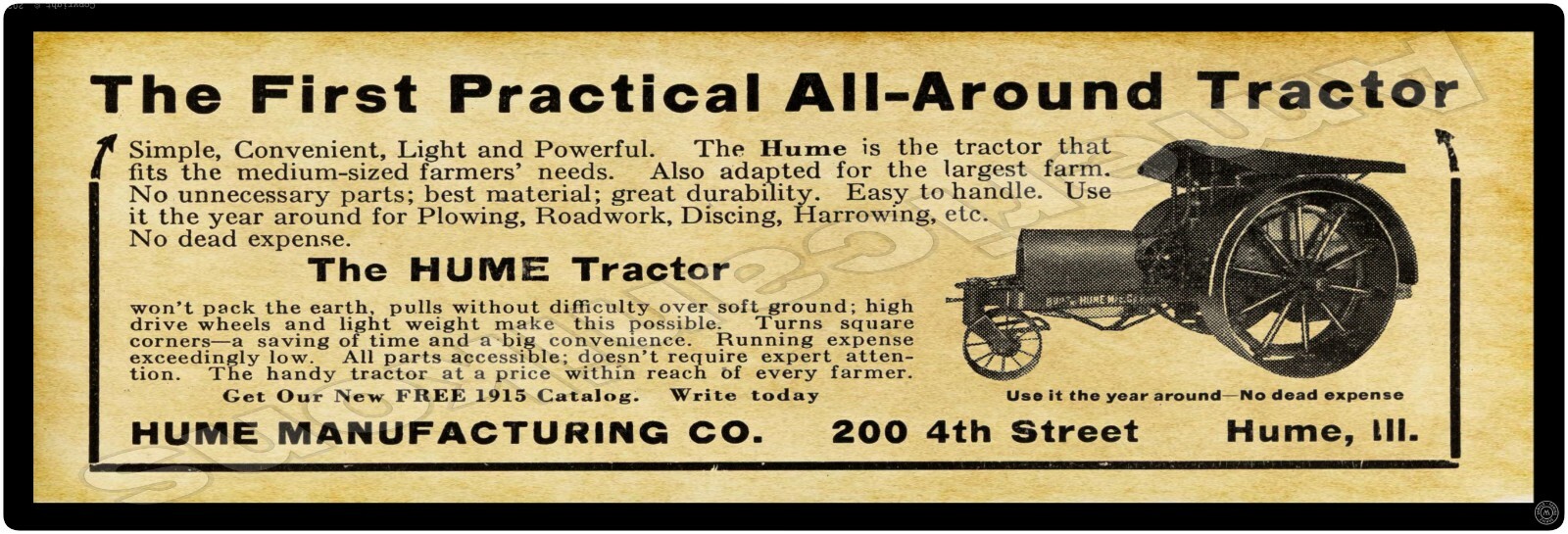 1915 Hume Tractors, Illinois New Metal Sign, 12″ x 36″ USA STEEL XL Size – 4#