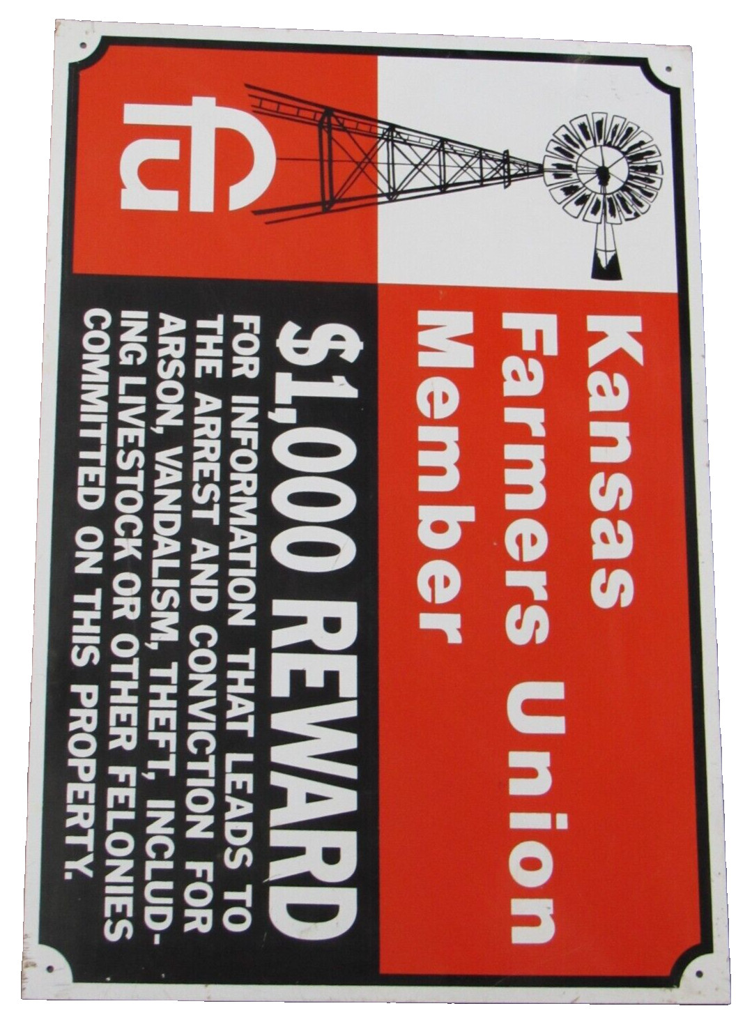VTG 18″ x 12″ KANSAS FARMERS UNION MEMBER $ 1000 REWARD Metal Sign Agriculture