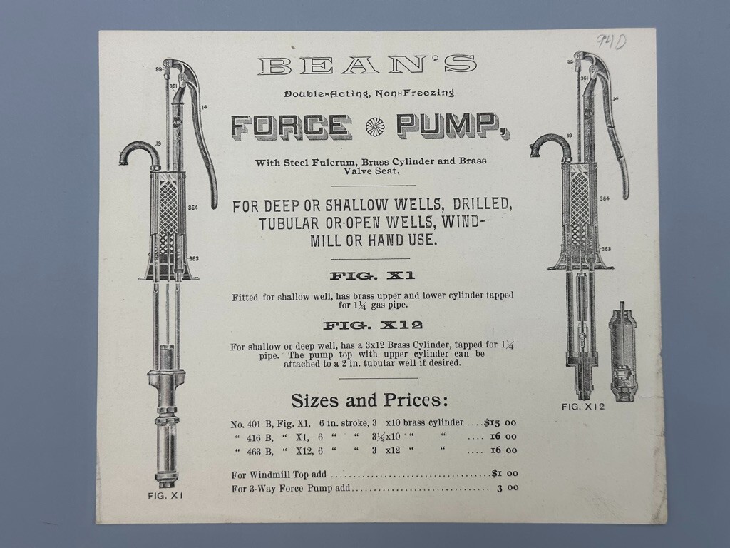 c 1880 BEAN’s Water Force PUMP Holton Mfg Antique FARM Advertising INDIANAPOLIS