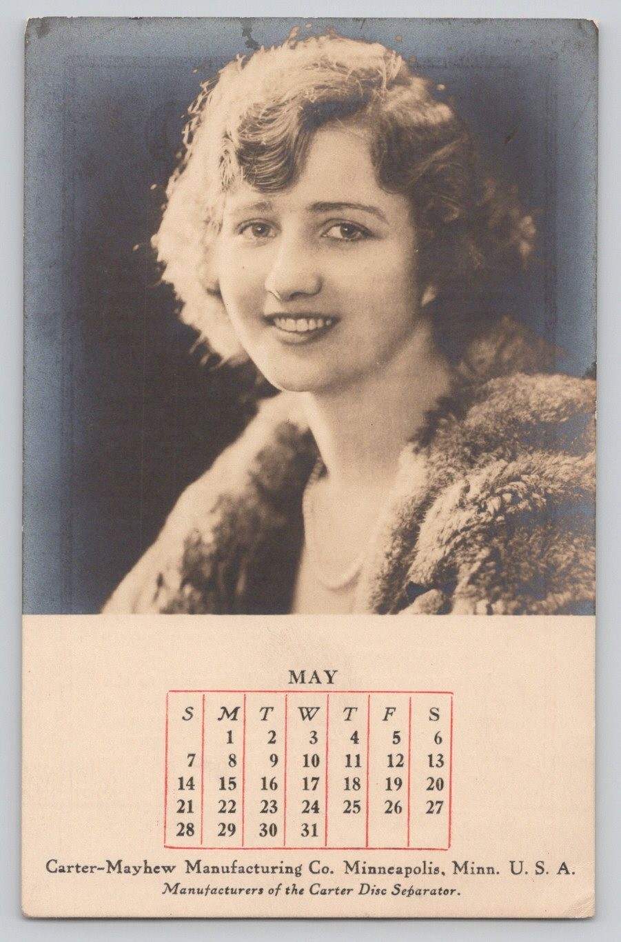 Carter Disc Separator Carter Mayhew Mfg Co May Calendar Trade Card 3.5×5.75″