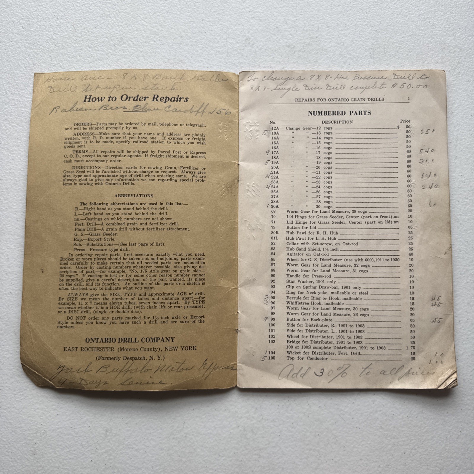 Ontario Drill Co. No. 39 Grain Drills Price List Of Repairs East Rochester, NY