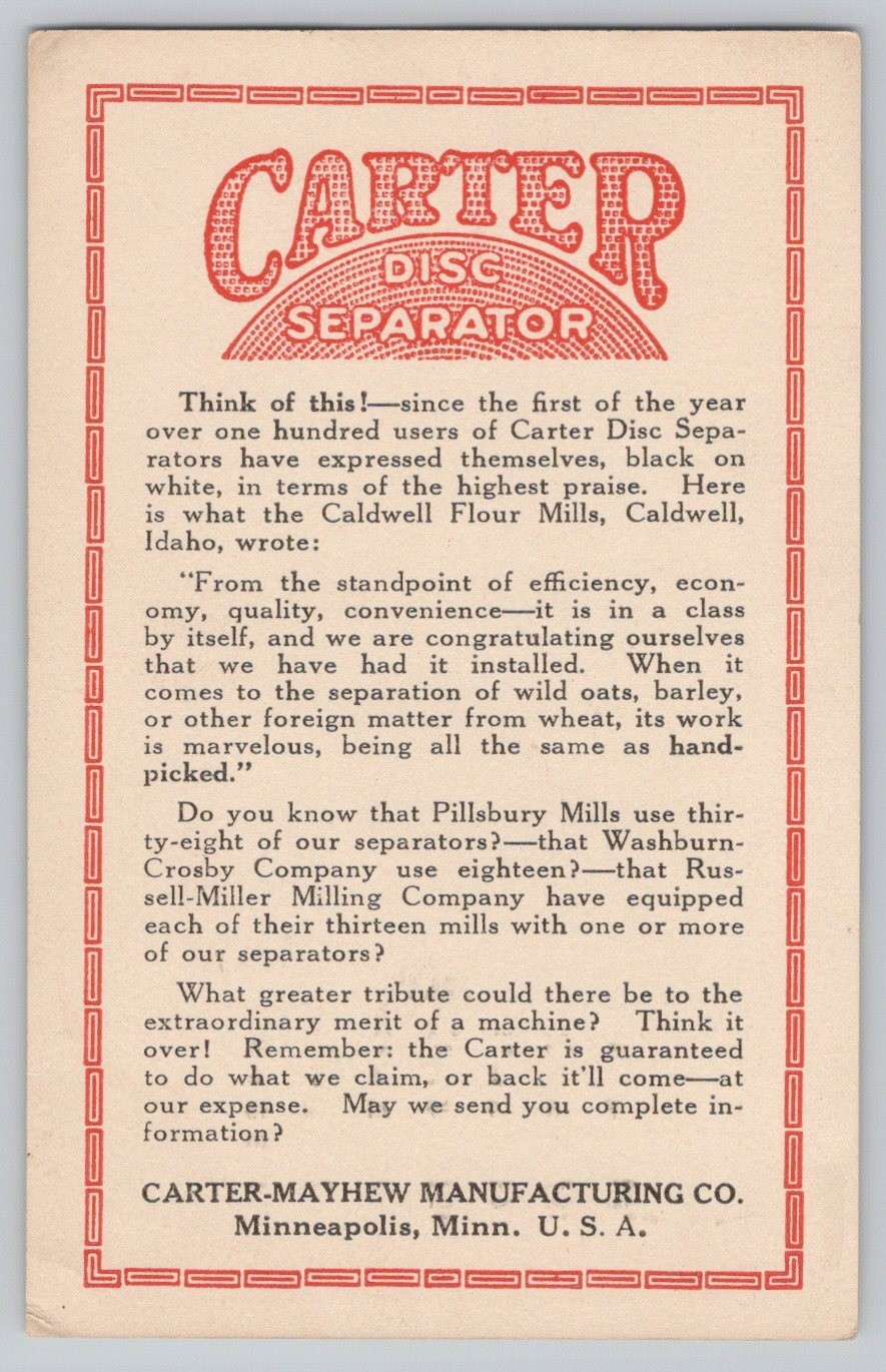 Carter Disc Separator Carter Mayhew Mfg Co May Calendar Trade Card 3.5×5.75″
