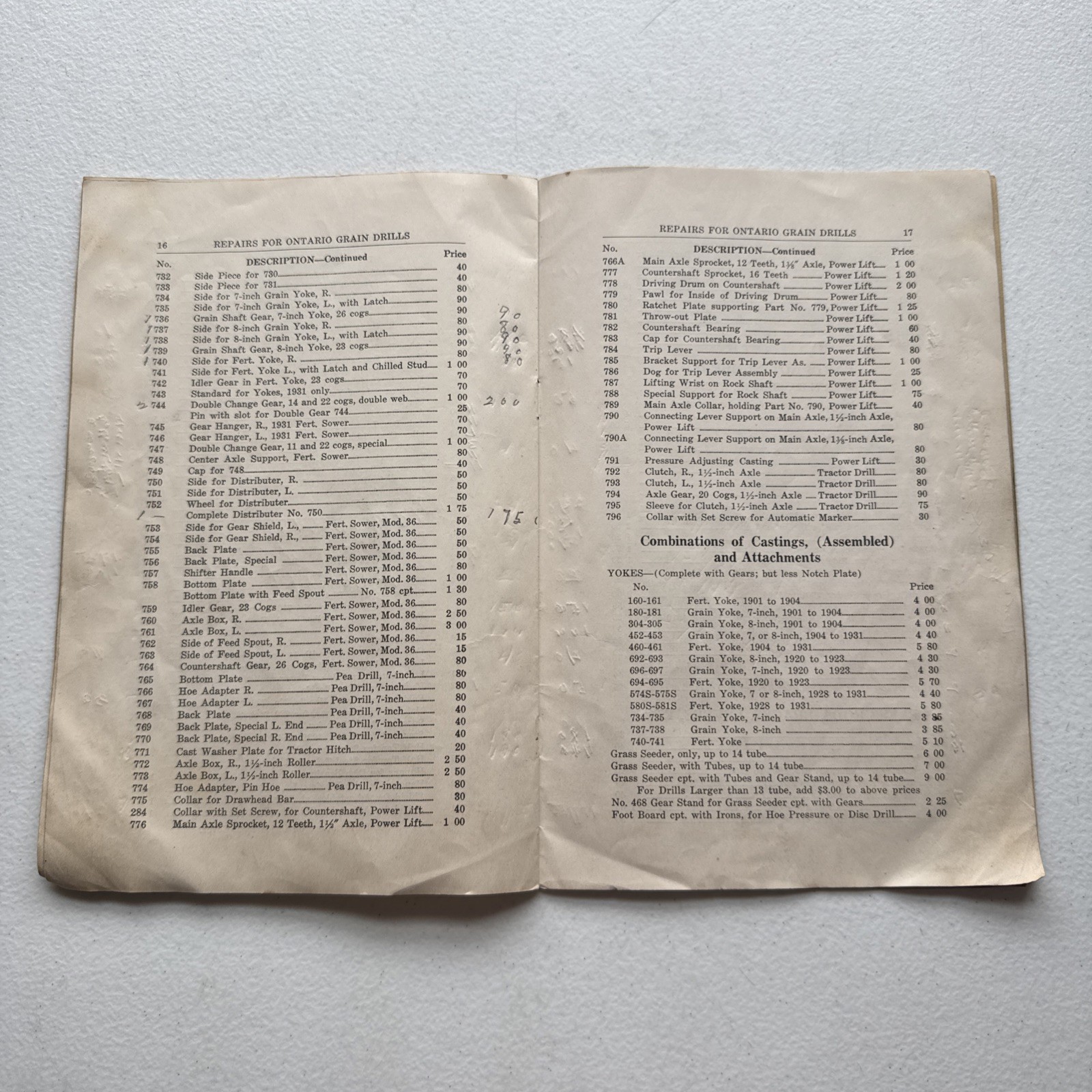 Ontario Drill Co. No. 39 Grain Drills Price List Of Repairs East Rochester, NY