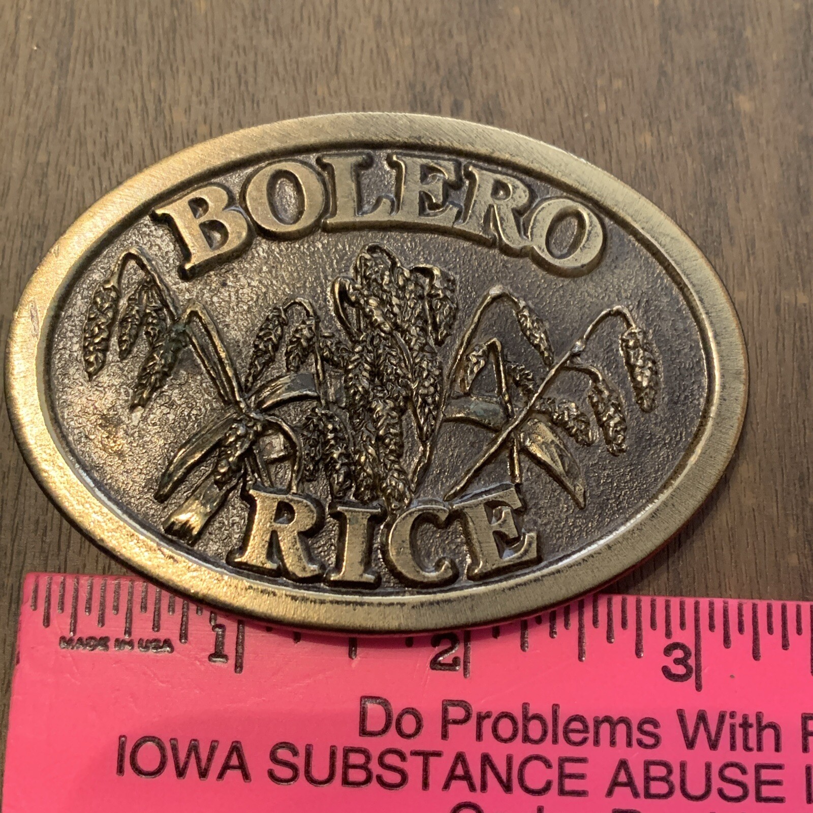 Vtg CHEVRON CHEMICAL Co. ORTHOBOLERO RICE BELT BUCKLE FARM Agriculture USA