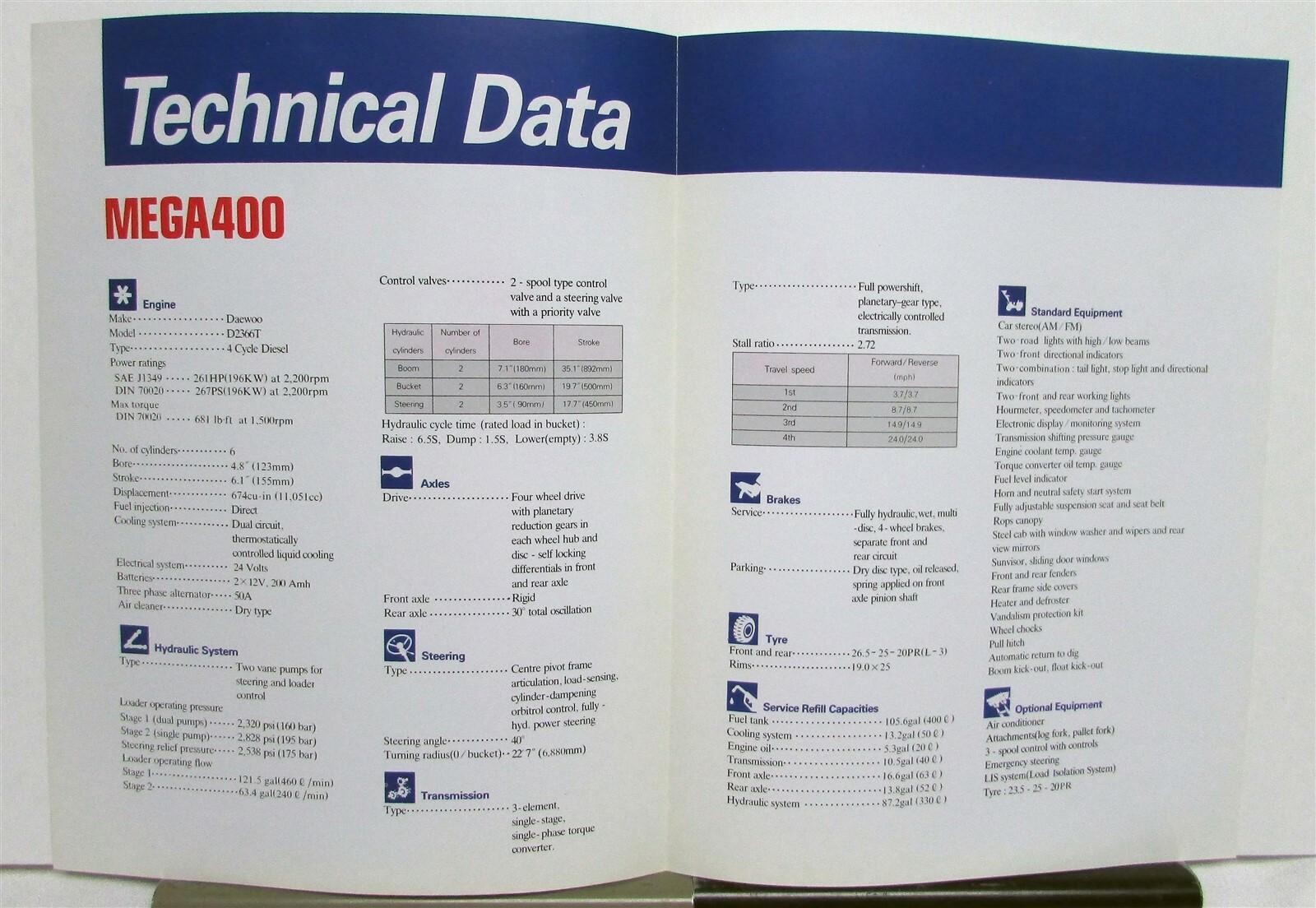1994 Daewoo Mega 400 Wheel Loader Specification Construction Sales Brochure