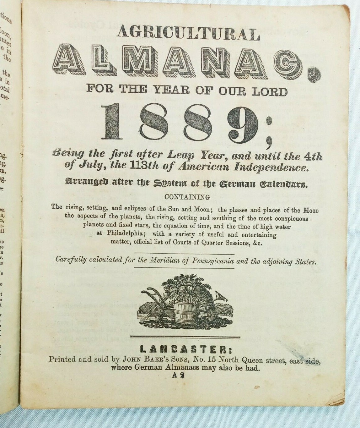 Vintage 1889 John Bear Baer’s Agricultural Almanac Lancaster PA Antique Farmers