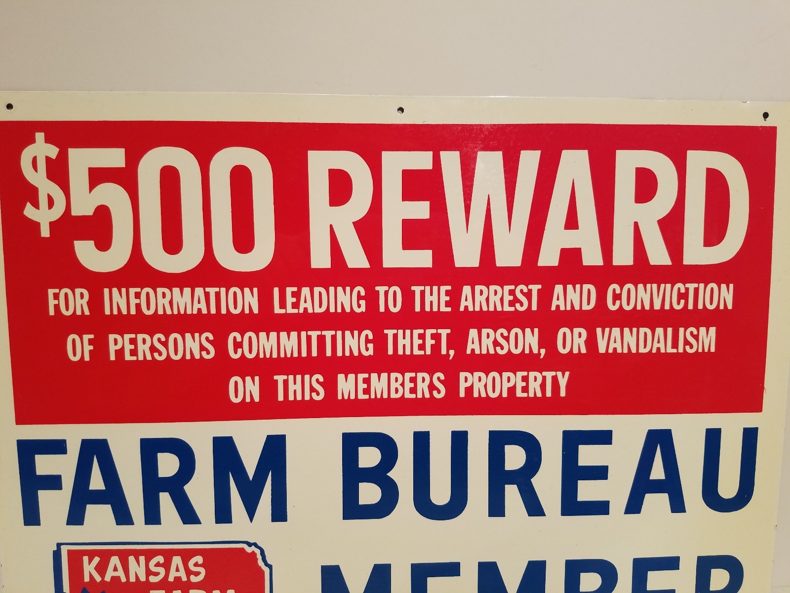 1972 KANSAS FARM BUREAU $500 REWARD SIGN – NEW OLD STOCK