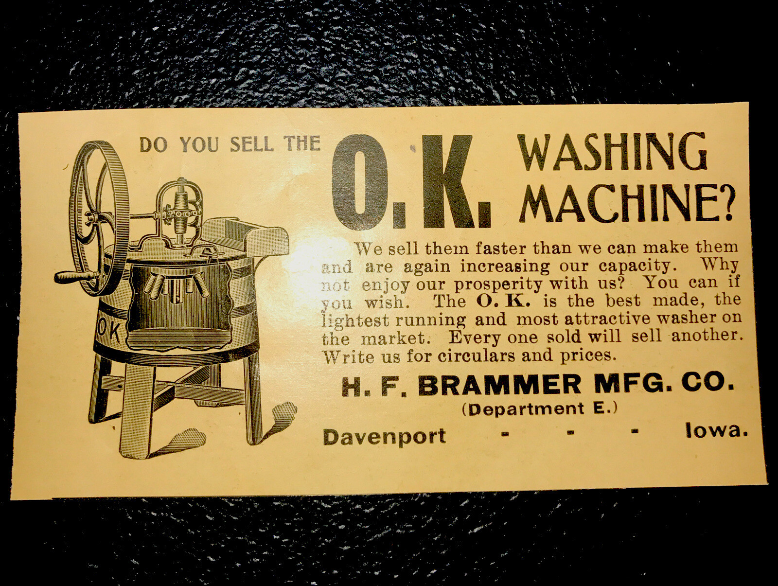 1903 O.K. Washing Machine Farm Advertising – Davenport – Iowa