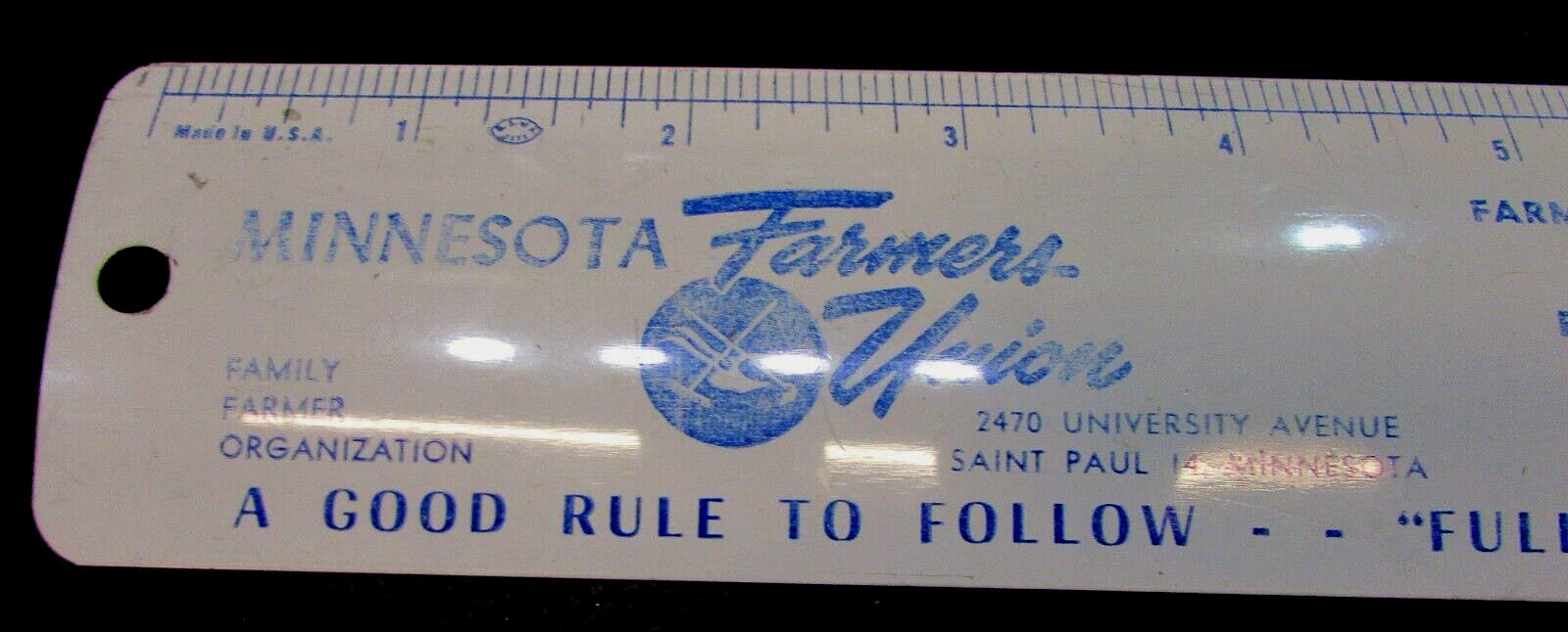 Vintage 1950’s Minnesota Farmers Union Brand Names White Blue Metal 12″ Ruler