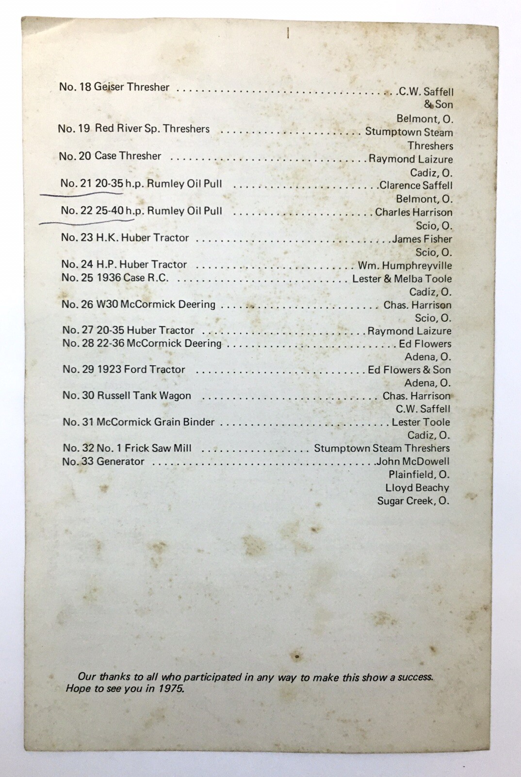 Stumptown Steam Threshers Association Annual Show Program 1974 Ohio Tractors
