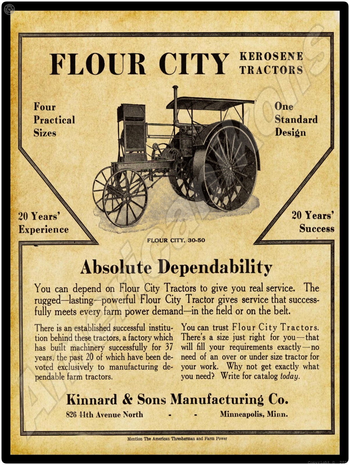 Kinnard & Sons Flour City Tractors NEW Sign – 24″x30″ USA STEEL XL Size, 7 lb