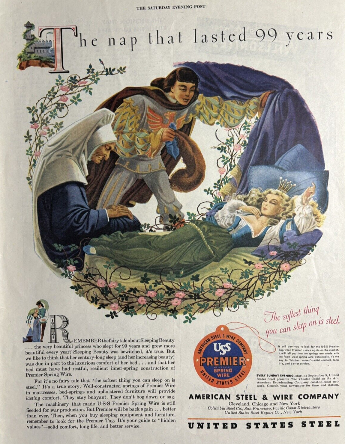1945 United States Steel Sleeping Beauty Nap Lasted 99 Years Vintage Print Ad