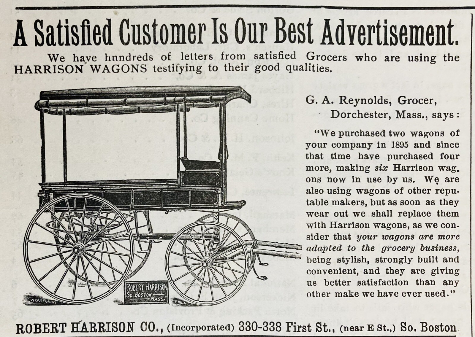 1899 AD.(XH63)~ROBERT HARRISON CO. FIRST ST. S.BOSTON. HARRISON DELIVERY WAGONS