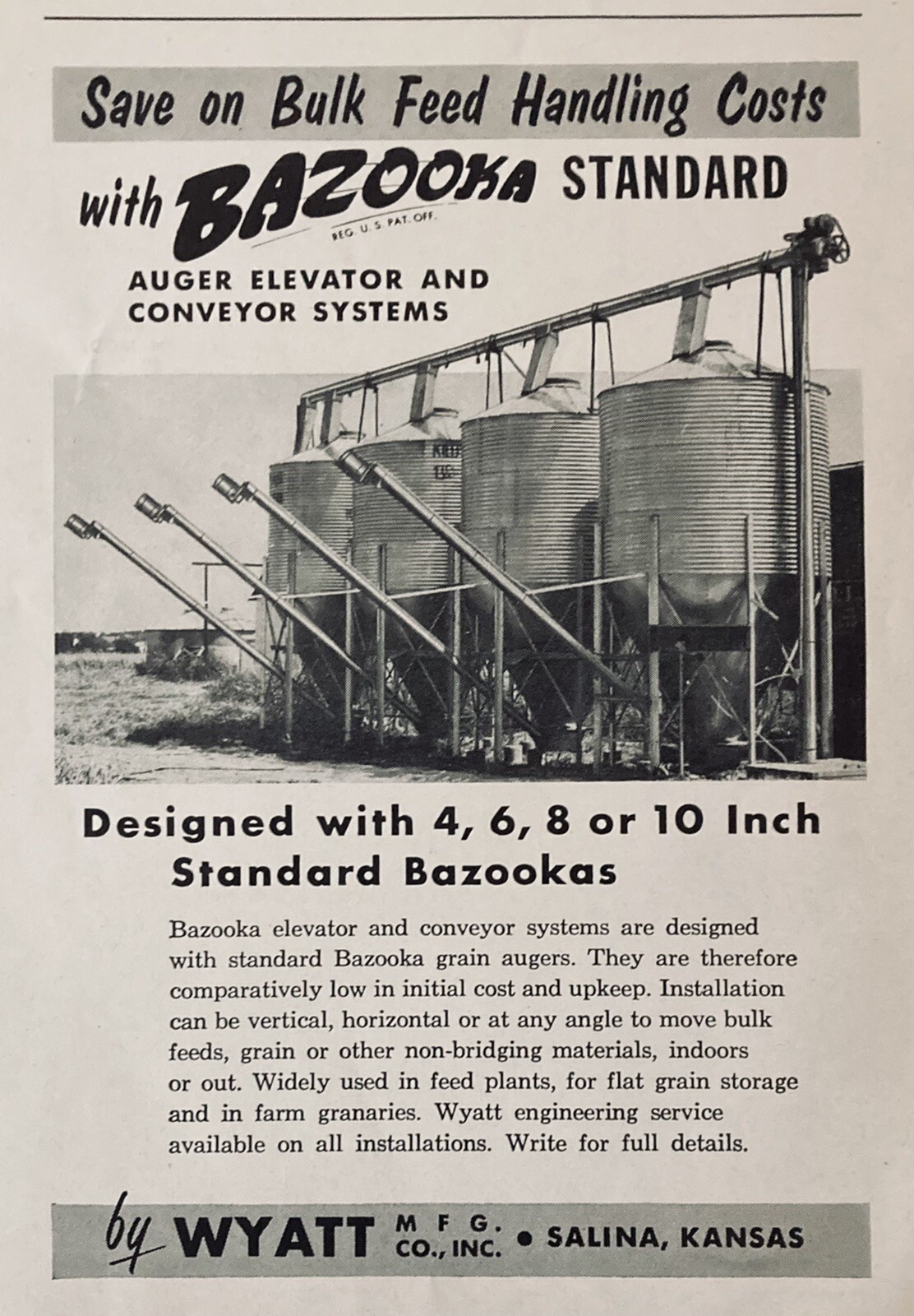 1953 AD.(XH50)~WYATT MFG. CO. SALINA, KS. BAZOOKA ELEVATOR CONVEYOR SYSTEMS