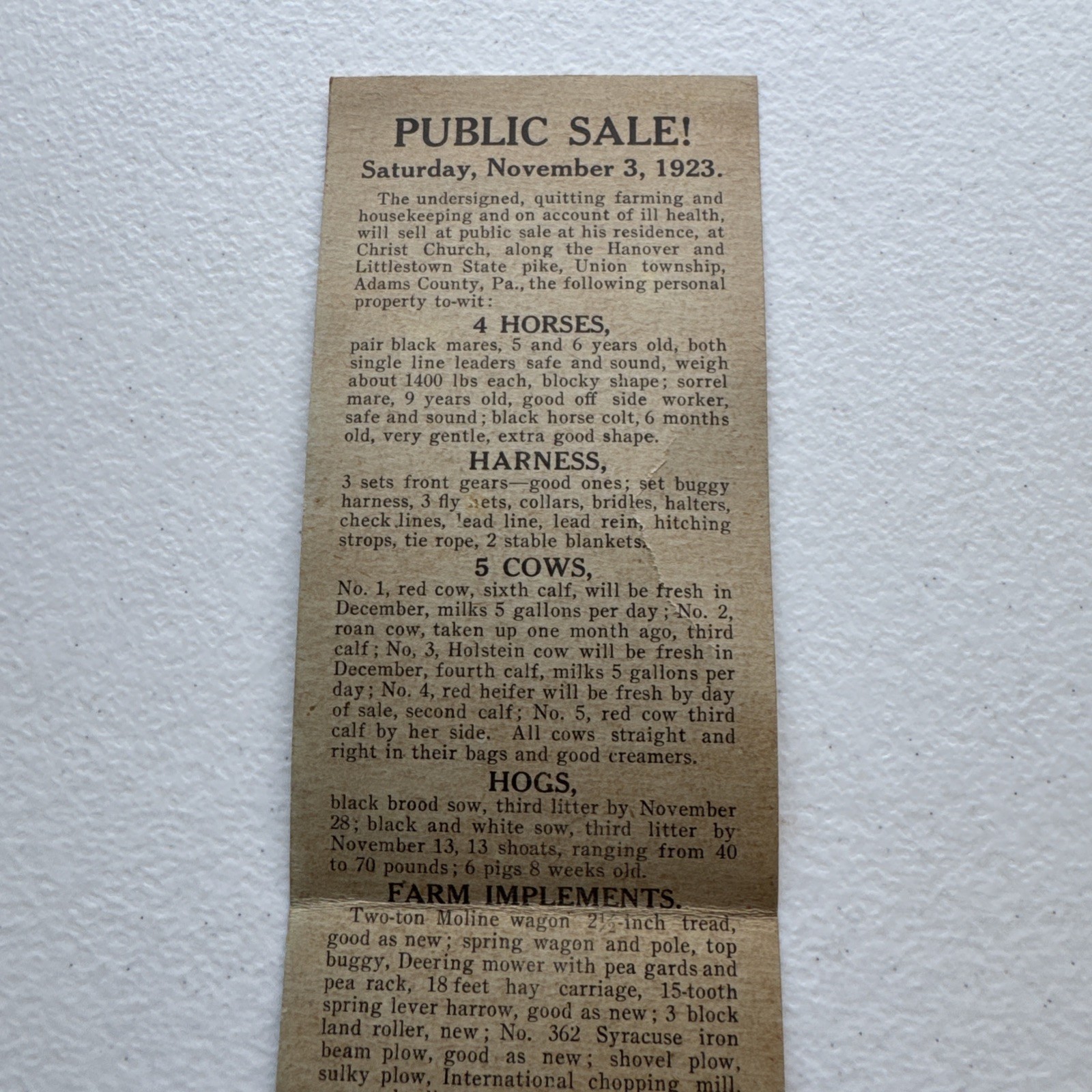 Public Livestock Sale 1923 Advertisement Add Feeser Print, Littlestown, PA