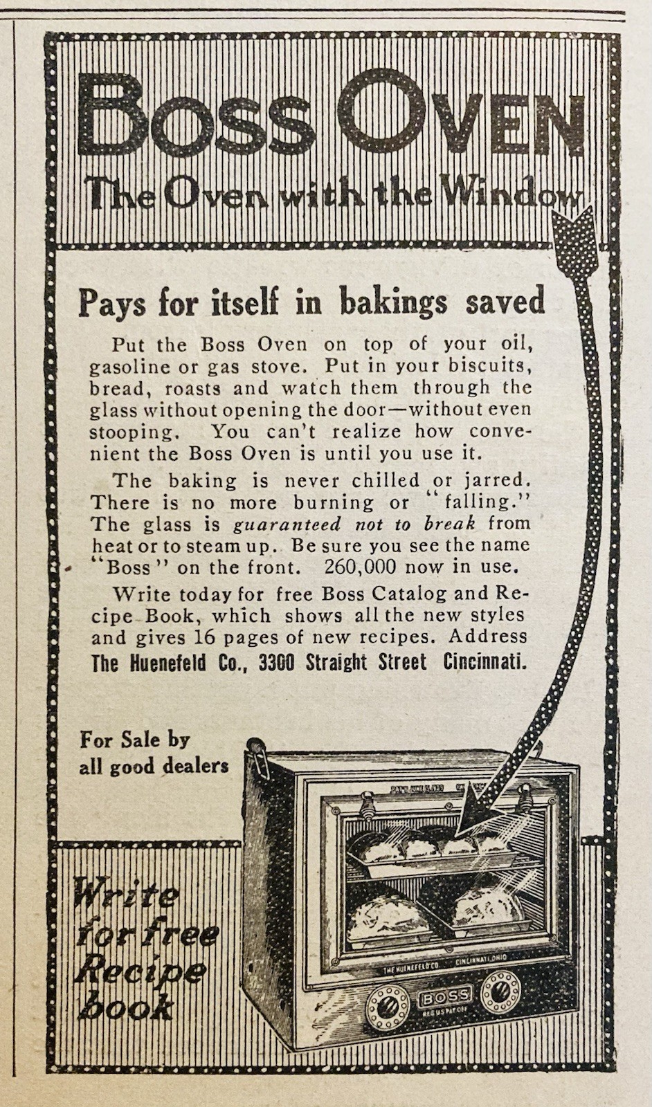 1912 AD.(XH87)~THE HUENEFELD CO. STRAIGHT ST. CINCINNATI, O. THE BOSS OVEN