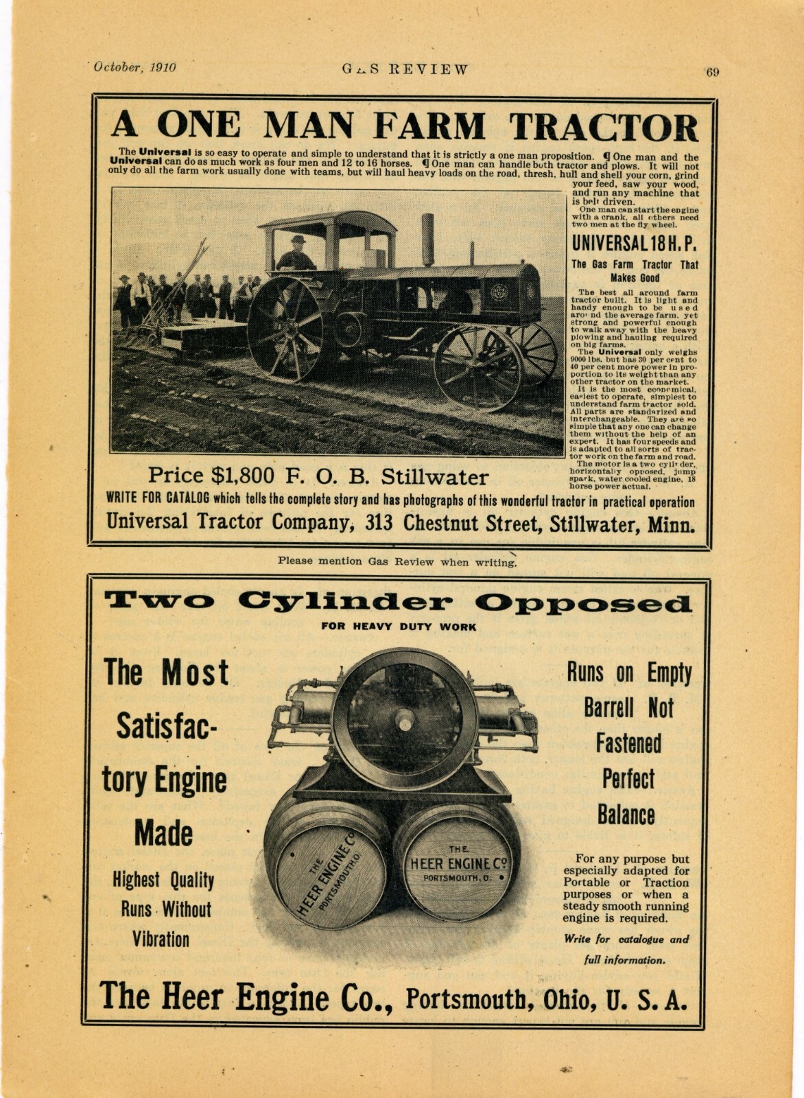 1910 Universal Tractor Co. of Stillwater, MN AND Heer Engine Co. Ads: 2 on 1 Pg.
