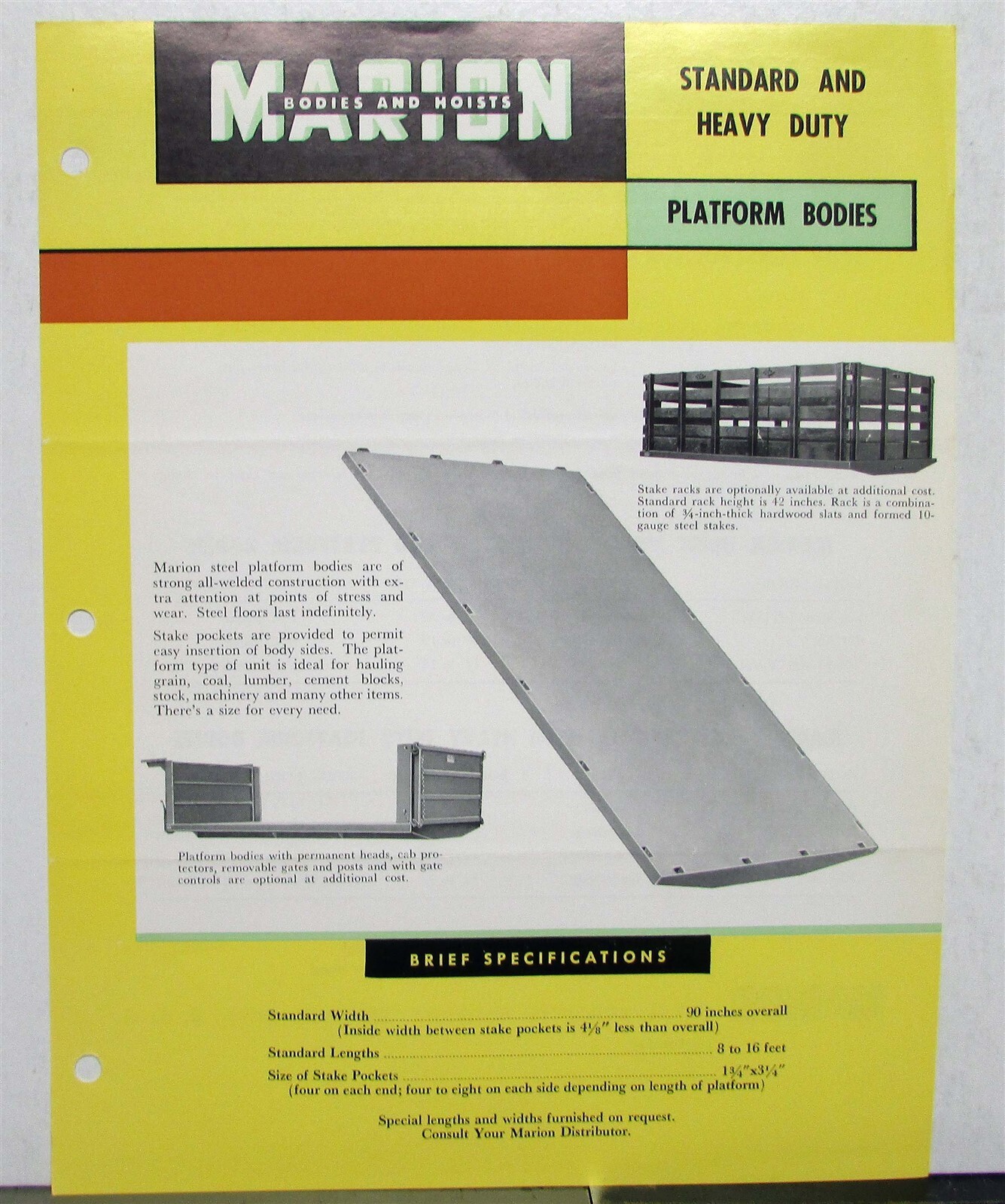 1964 Marion Standard & HD Platform Body Attachment Construction Sales Sheet