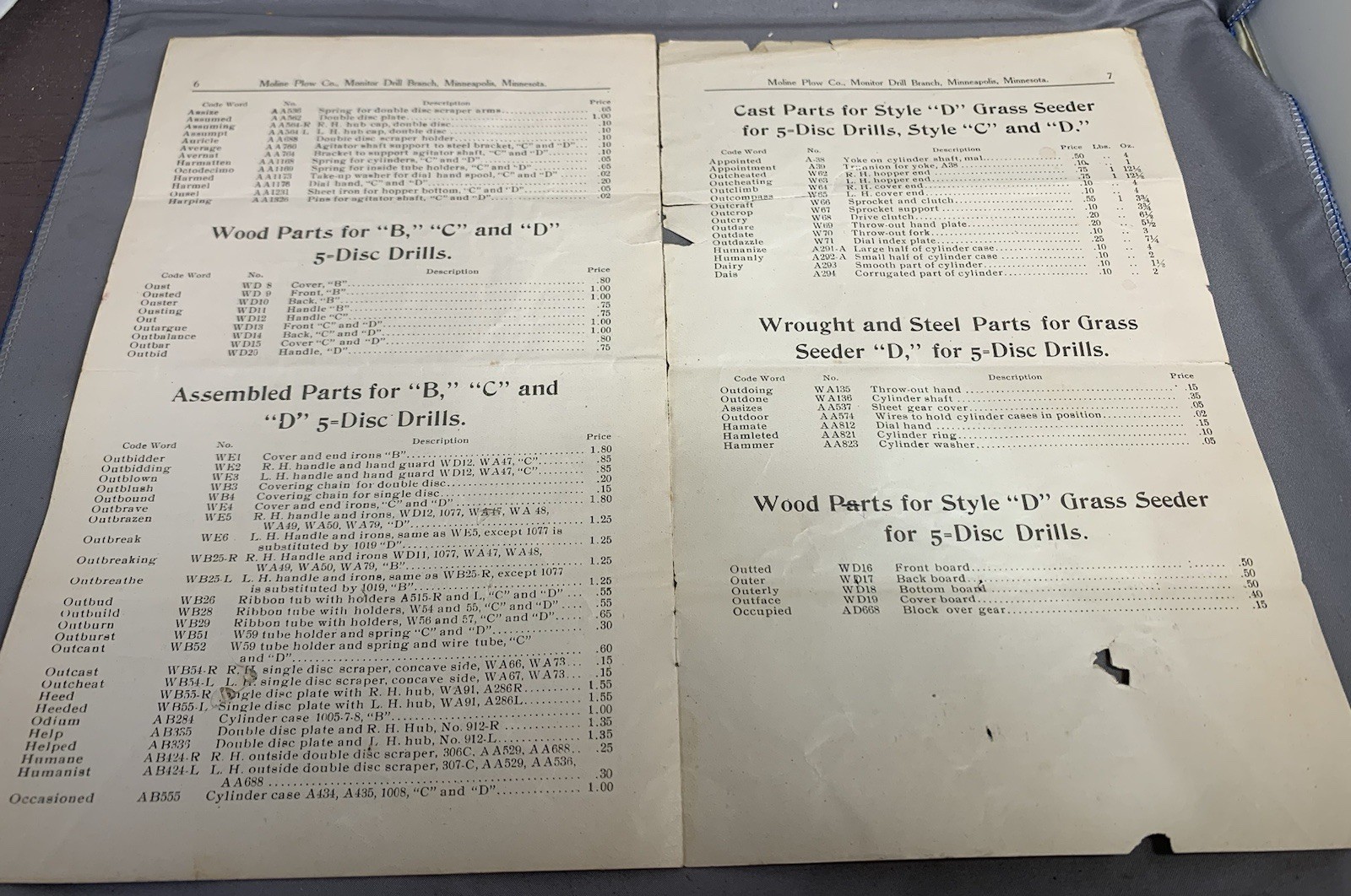 Moline Plow Company Monitor Style “B”, “C” and “D” Five Disc Drills Repair List