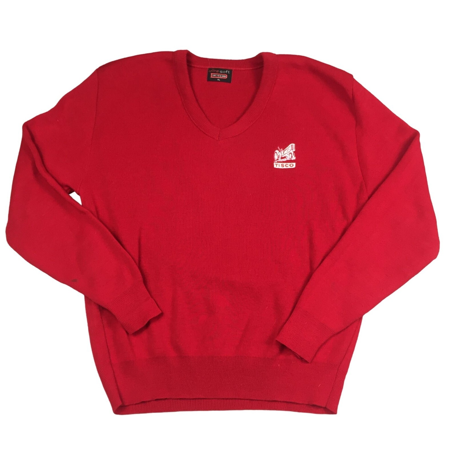 Vintage Rare Tisco Tractor Implement Supply Agriculture Farm Red Sweater Vneck