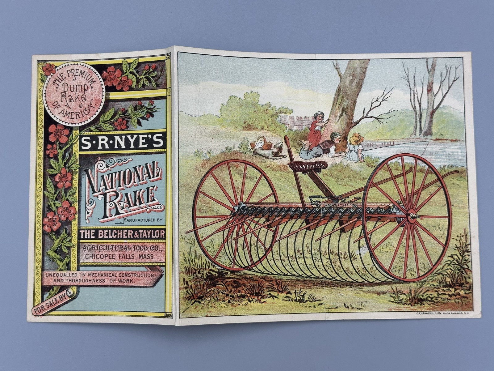 1880s SR NYE’s Rake Victorian FARM Advertising Fold Trade Card CHICOPEE FALLS MA