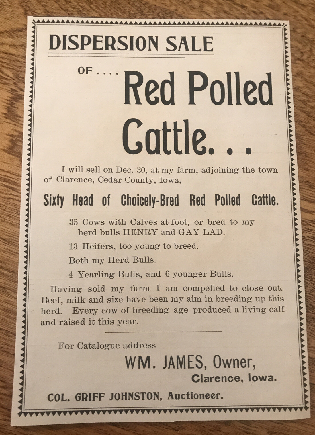 1903 Wm. James Red Polled Cattle Cow Public Sale Advertising – Clarence – Iowa