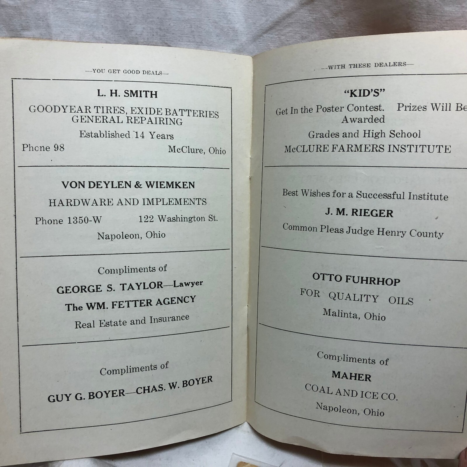 Vintage Farmers’ Institute Program 1934 Advertising Napoleon & McClure Ohio