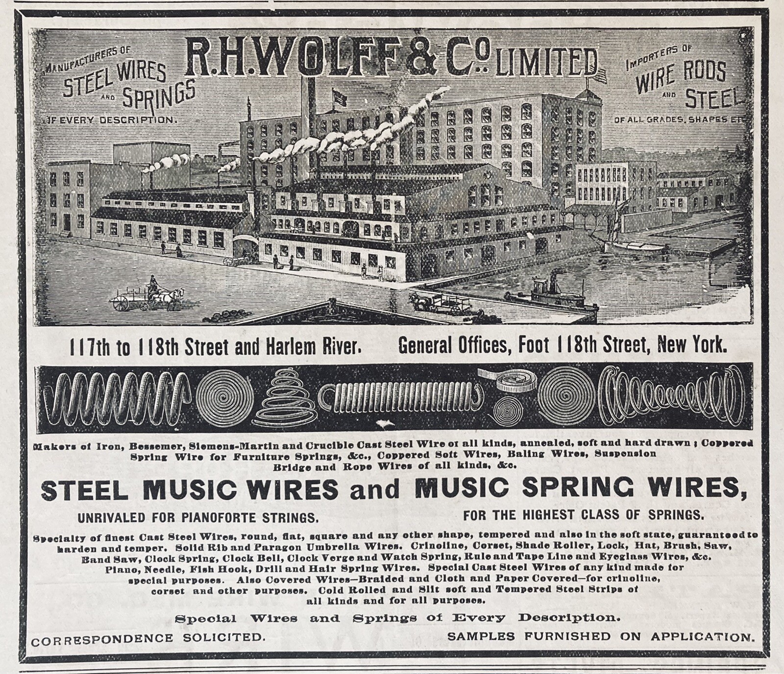 1894 AD(XH8)~R.H. WOLFF CO. HARLEM RIVER, NY. STEEL MUSIC WIRES AND SPRING WIRES