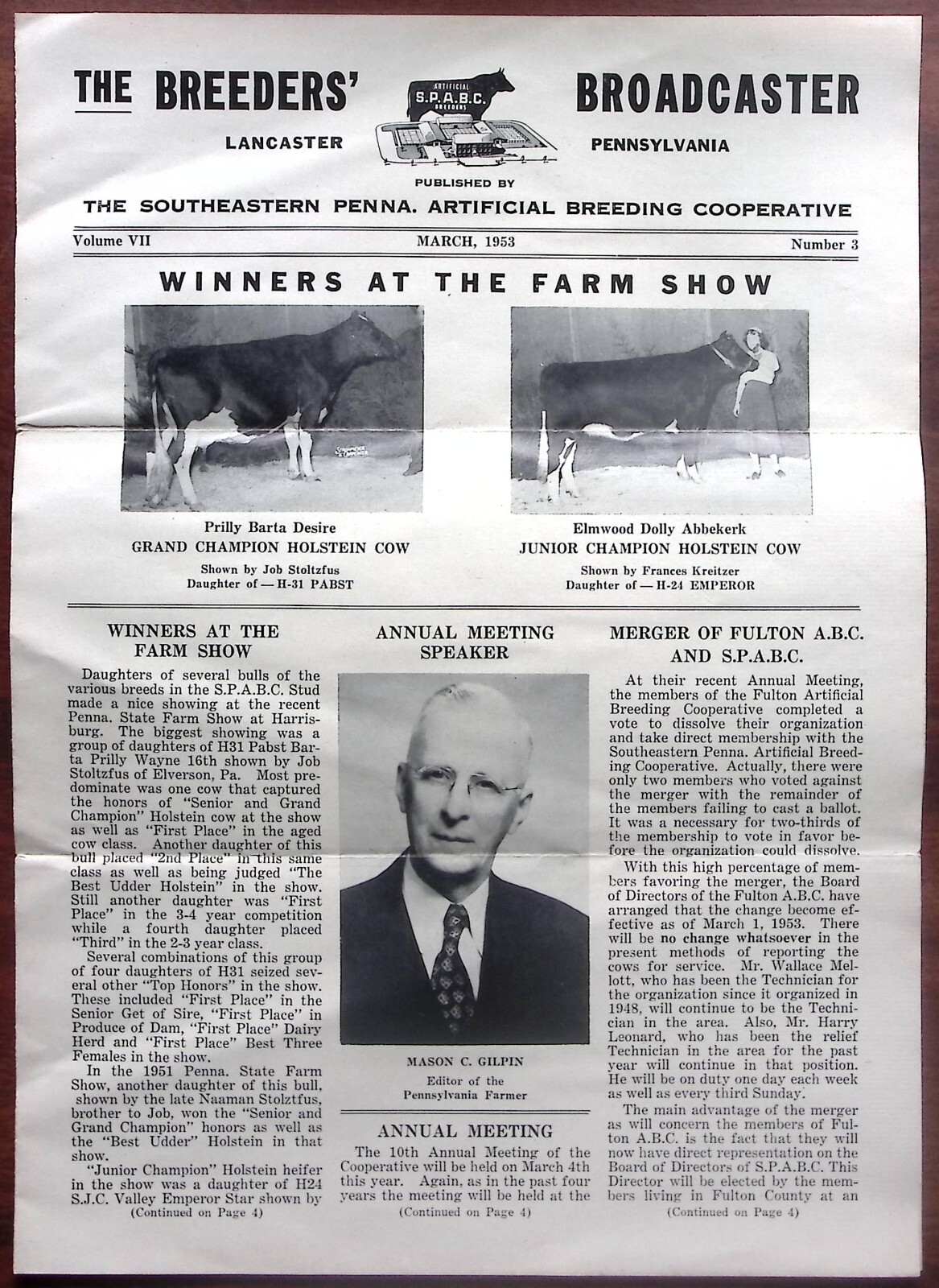 1953 THE BREEDERS’ BROADCASTER MARCH CATTLE S.P.A.B.C. BREEDERS NEWSLETTER Z6543