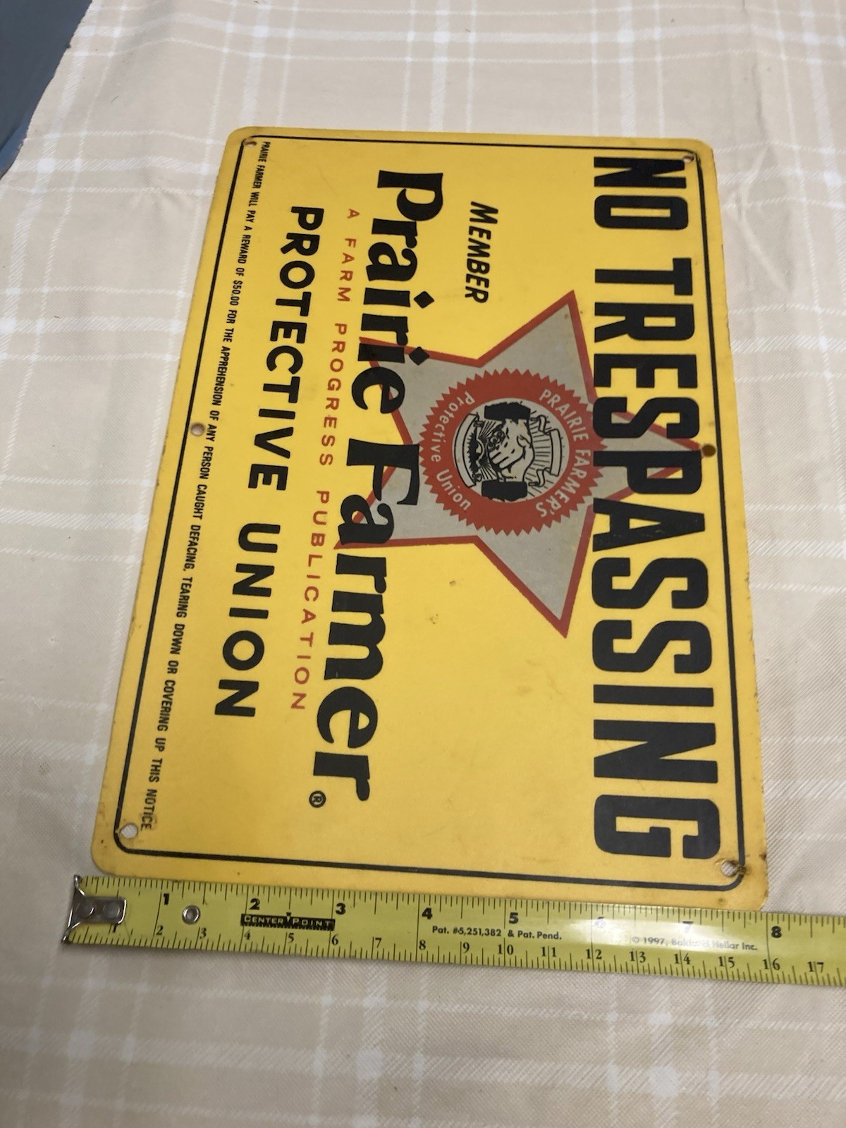 Vtg Prairie Farmer Protective Union No Traspassing Sign 12×8 Plastic