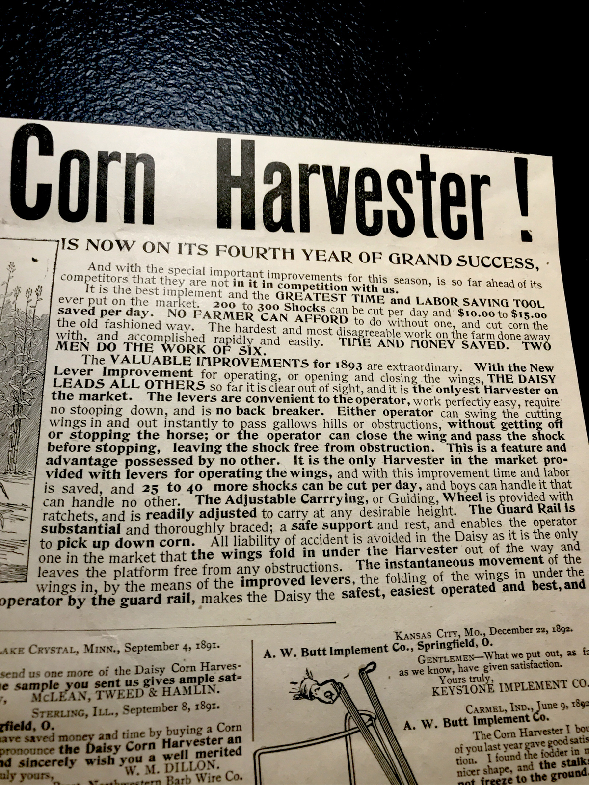 1893 Butt Daisy Corn Harvester Farm Engraving Advertising – Springfield – Ohio