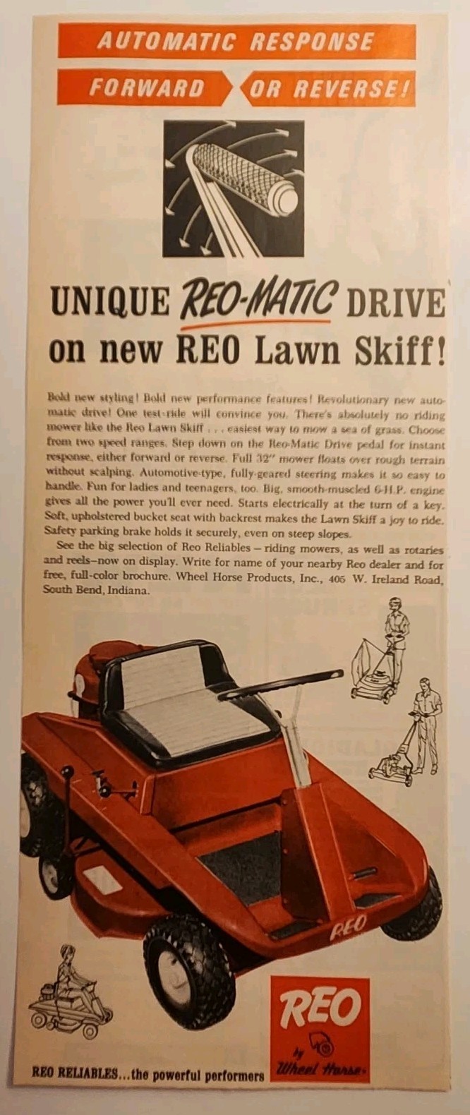 1965 Wheel Horse REO Matic Lawn Mower Retro Original Print Ad 60s South Bend IN