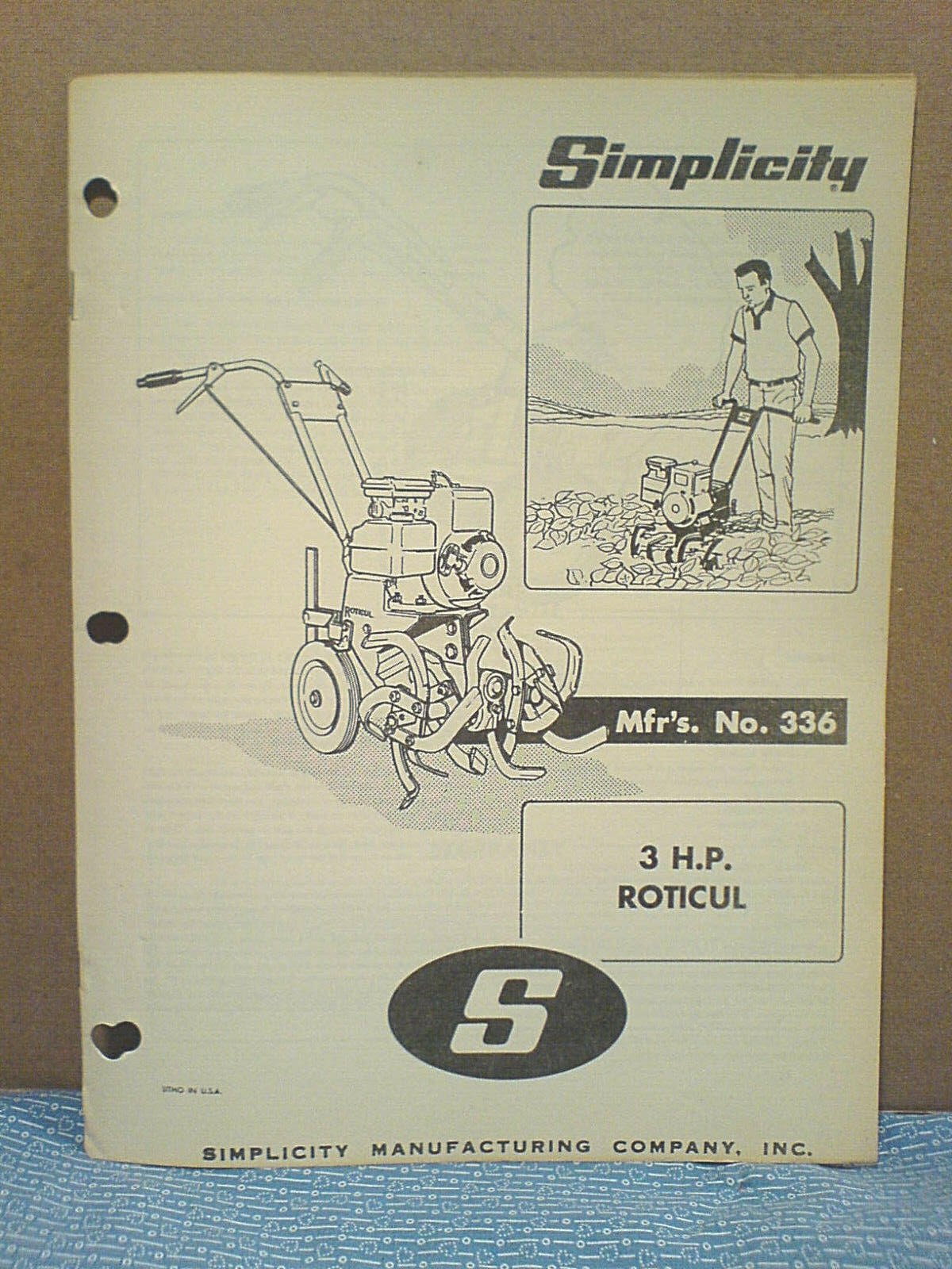 SIMPLICITY NO.336 3 H.P. ROTICUL TILLER OWNERS AND PARTS MANUAL ORIGINAL!