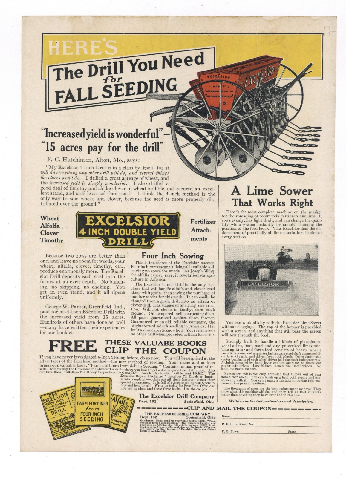 1917 Excelsior Drill Co. Print Ad: 4″ Double Yield Drill – Springfield, OhiO