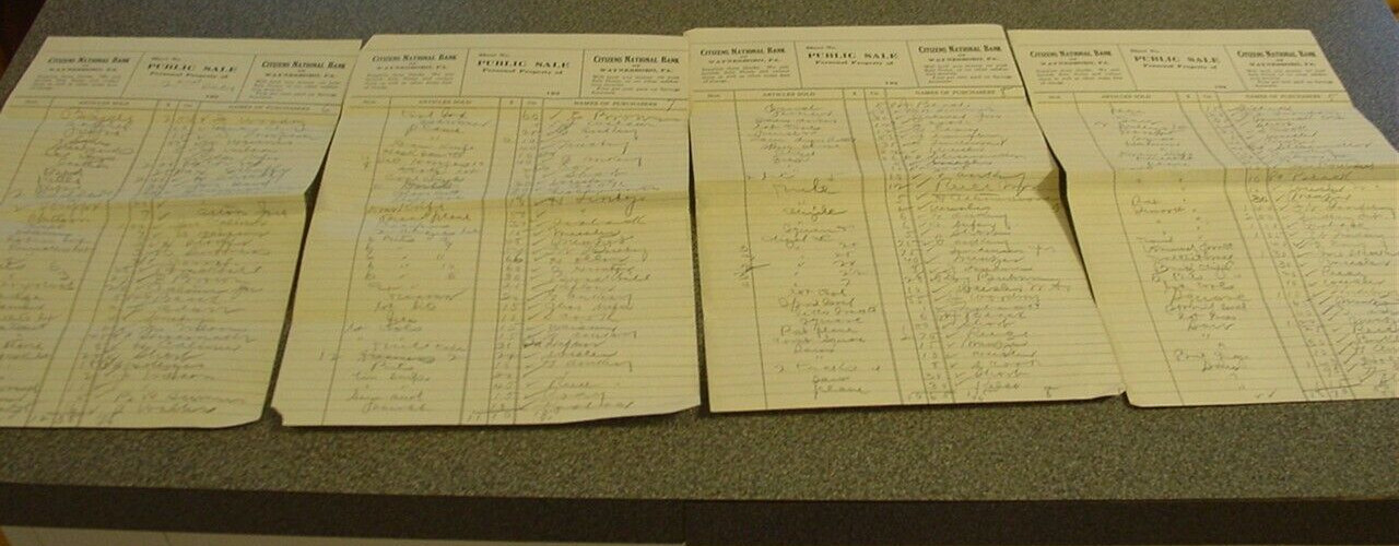 ANTIQUE 1920’s PUBLIC SALE Personal List Citizens Bank National Waynesboro PA