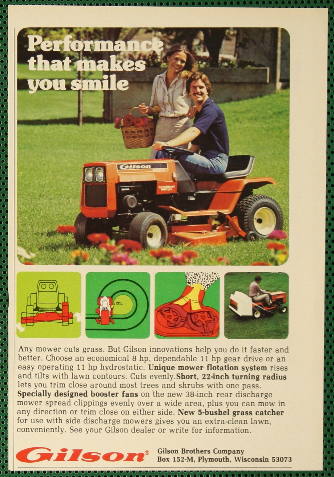 Gilson Riding Lawn Mower 8 & 11 HP Grass Catcher Vintage Print Ad 1980
