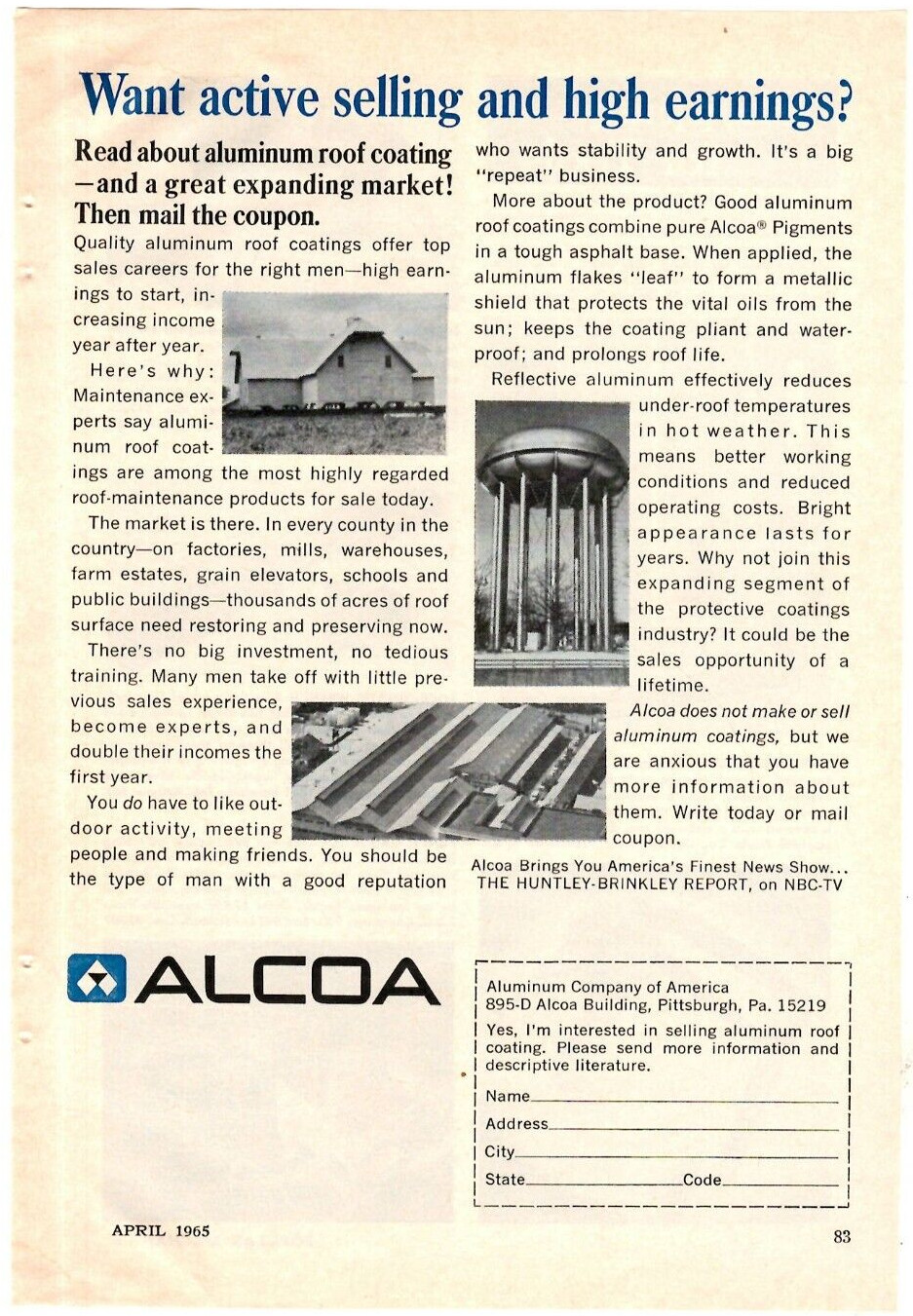 1965 Print Ad ALCOA Aluminum Roofing Want active selling and high earnings?