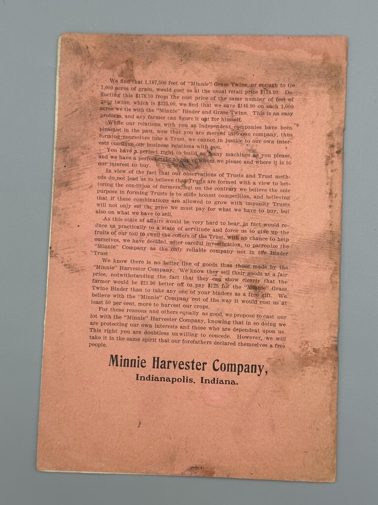 1903 MINNIE HARVESTER – INDIANAPOLIS IN Advertising AMERICAN FARM v Binder Trust