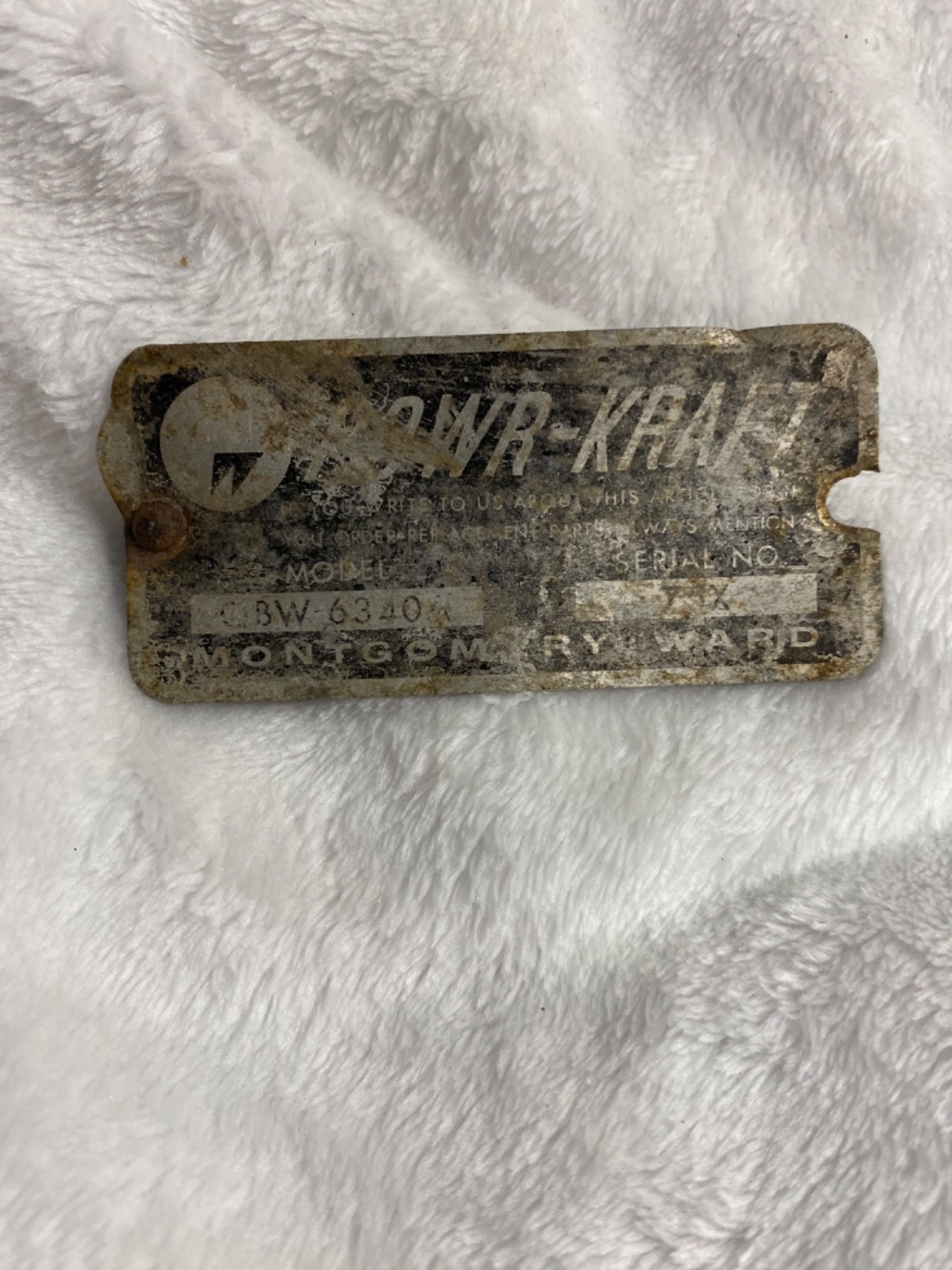Vintage Powr-Kraft 3″ x 1.5″ Metal Tag (one rivet)
