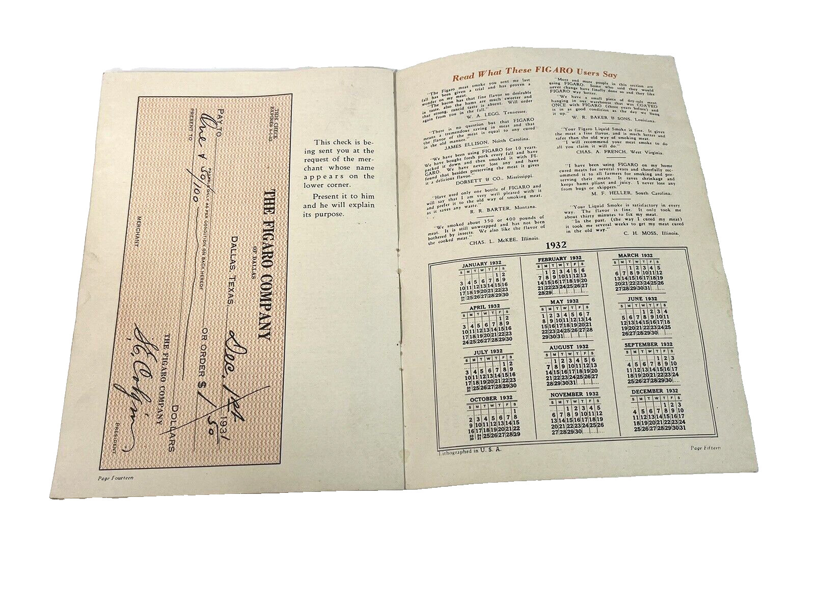 Figaro’s Message Booklet Butchering Pigs Curing Liquid Smoke Dallas TX 1930