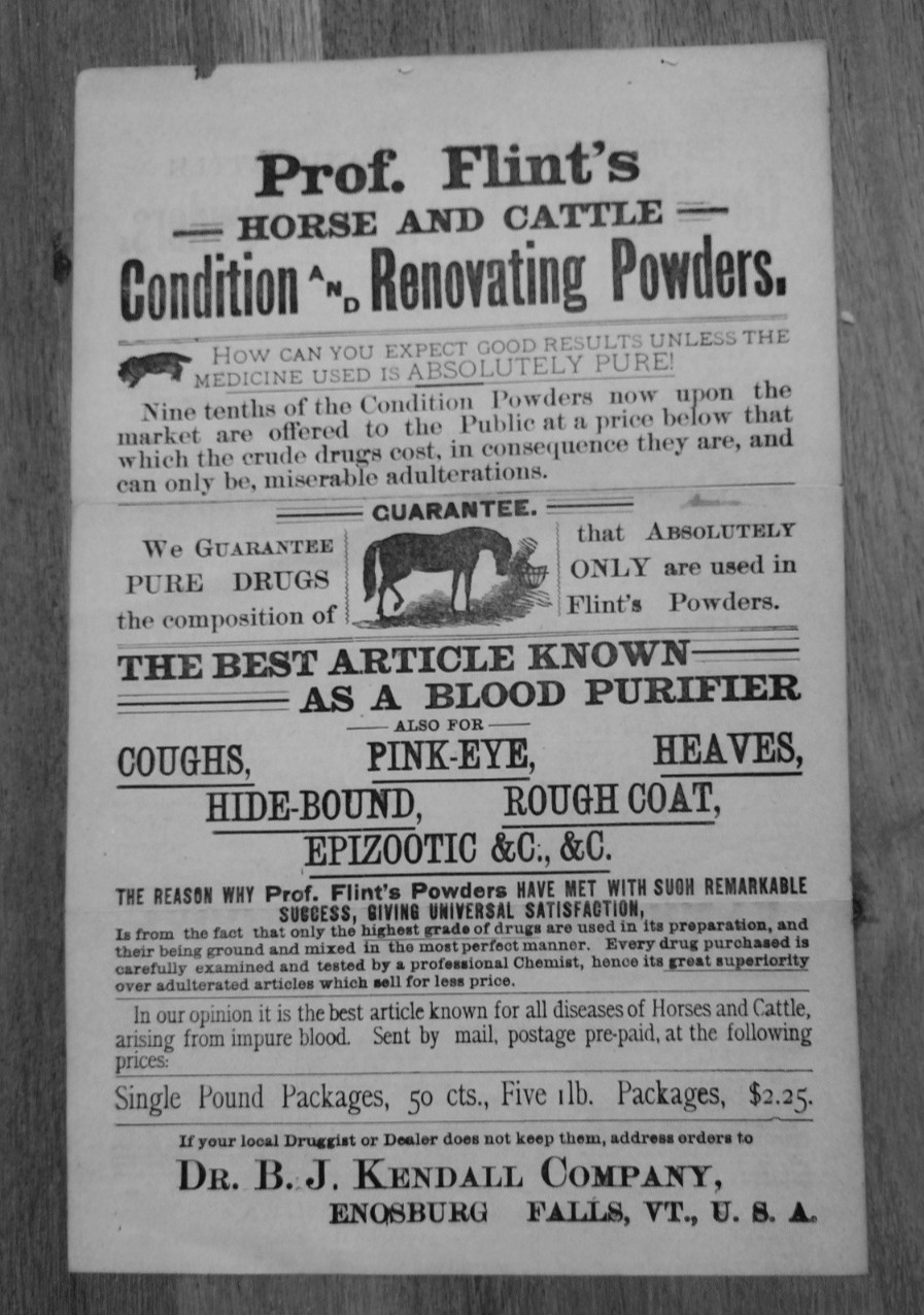 1893 Prof. Flint’s Horse and Cattle Powders 2 Sided Ad Enosburg Falls, VT