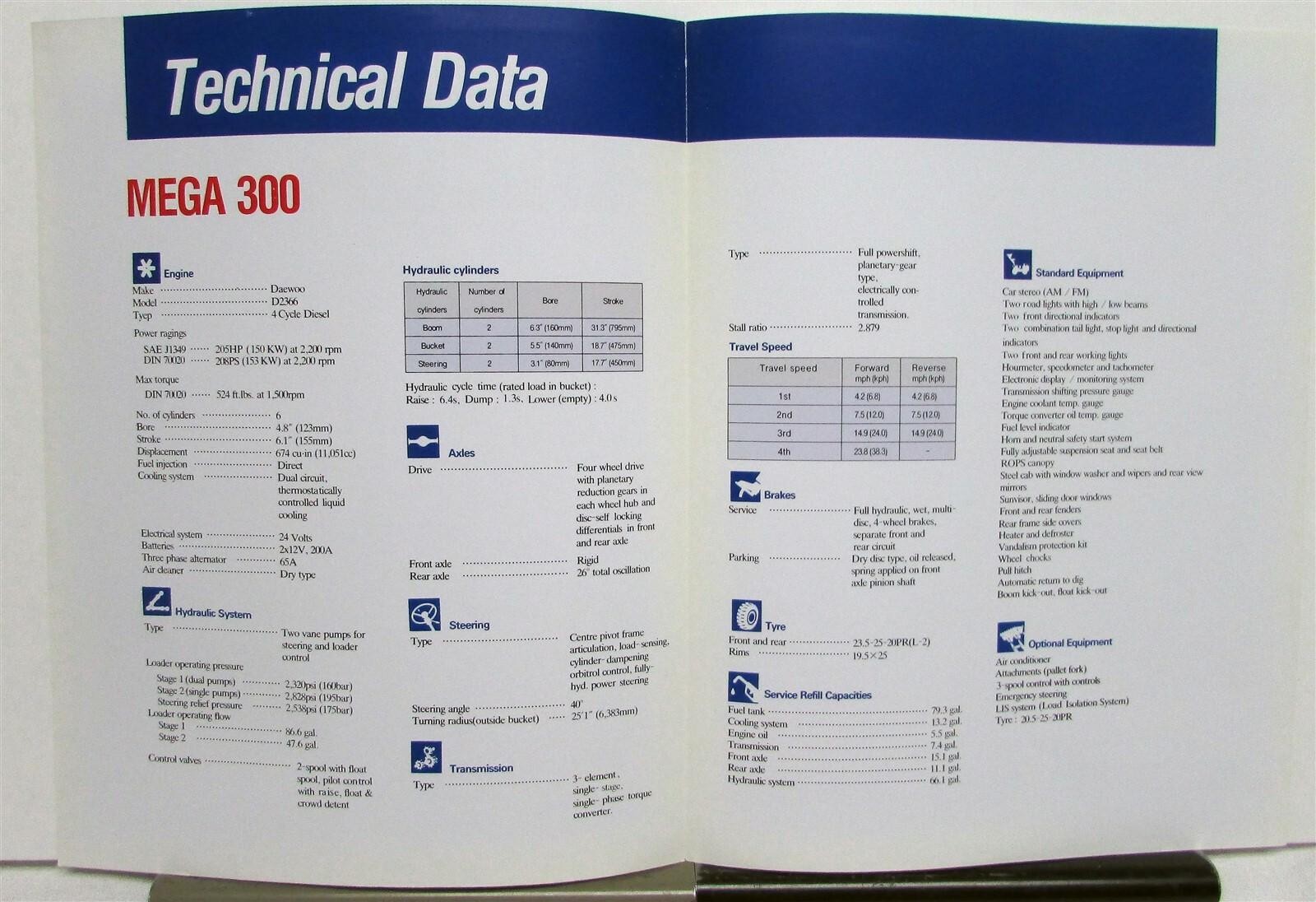 1993 Daewoo Mega 300 Wheel Loader Specifications Construction Sales Brochure